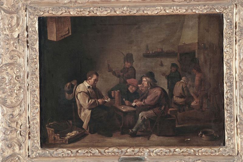David Teniers (Anversa 1610 - Bruxelles 1690), scuola di Interno con giocatori di carte  - Asta Dipinti Antichi - Cambi Casa d'Aste