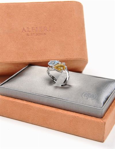 Anello con Quarzo Citrino e Topazio Azzurro. Scatola Originale, Firmato Alfieri & St.john