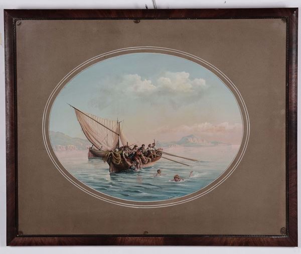 Anonimo del XIX secolo Imbarcazione nel golfo di Napoli Veduta di tempio a Pozzuoli