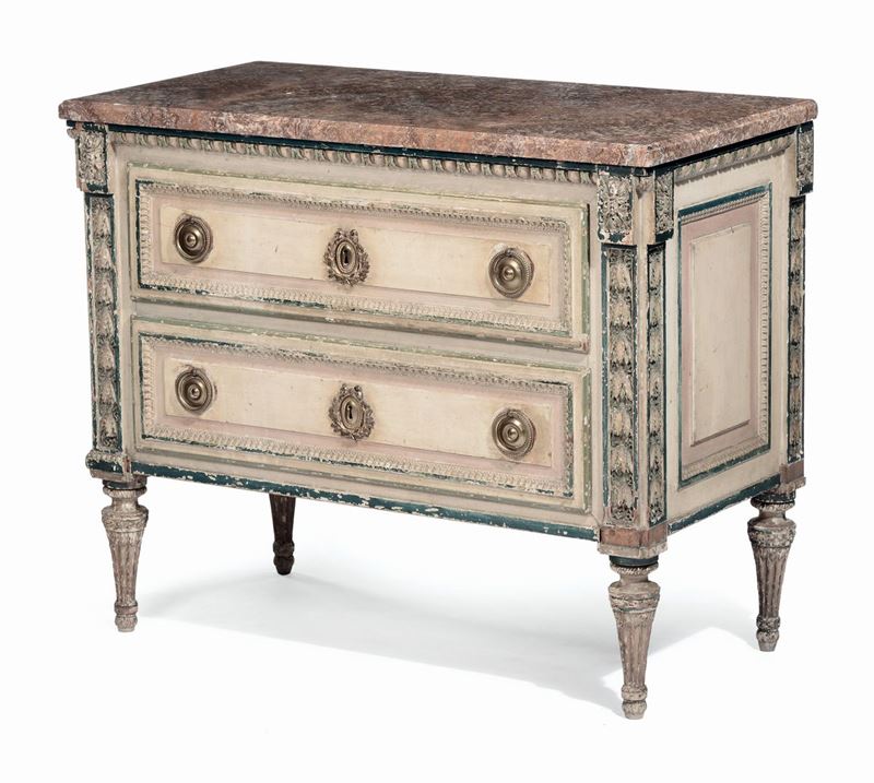 Comò in legno intagliato e laccato a due cassetti, Piemonte fine XVIII secolo  - Auction Fine Art Selection - II - Cambi Casa d'Aste