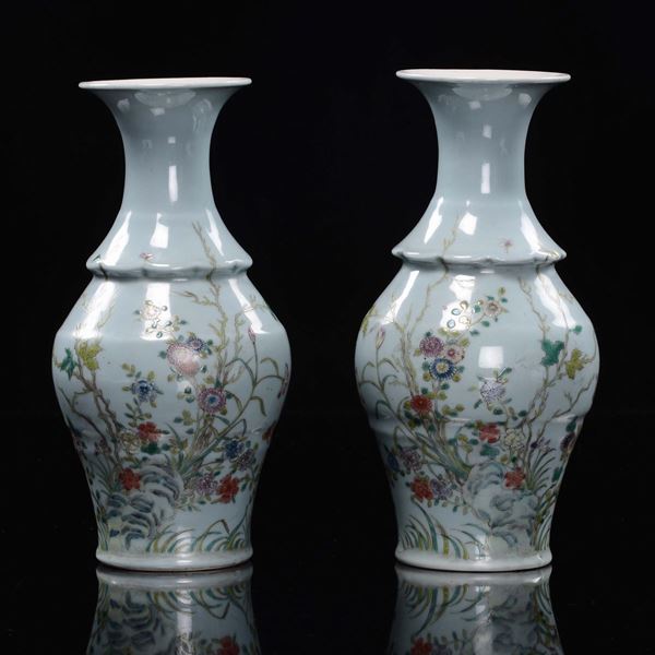 A pair of polychrome porcelain vase light blue-ground with floral decoration, China, 20th century