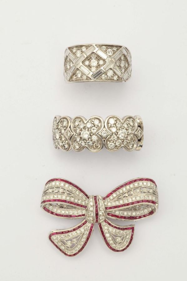 A lot of ruby and diamond brooch and two rings