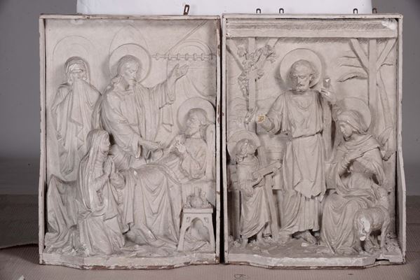 Coppia di altorilievi in gesso con scene religiose, XX secolo
