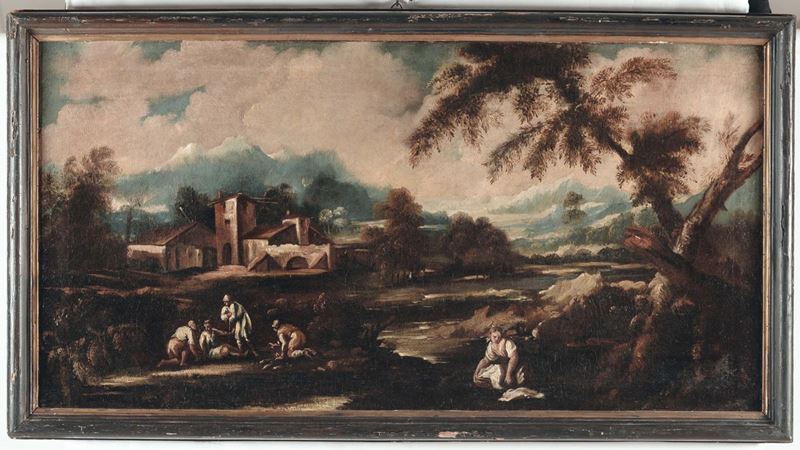 Alessandro Magnasco (Genova 1667-1749), seguace di Paesaggio con figure  - Asta Dipinti Antichi - Cambi Casa d'Aste