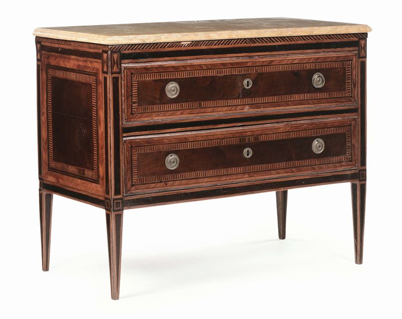 Comò Luigi XVI a due cassetti lastronato ed intarsiato, XVIII secolo  - Auction Fine Arts from refined private house - Cambi Casa d'Aste
