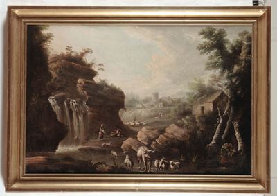 Scuola Italiana del XVIII Secolopaesaggio con Cascata e Figure