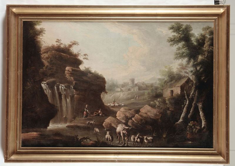 Scuola Italiana del XVIII secolo Paesaggio con cascata e figure  - Auction Old Masters Paintings - Cambi Casa d'Aste