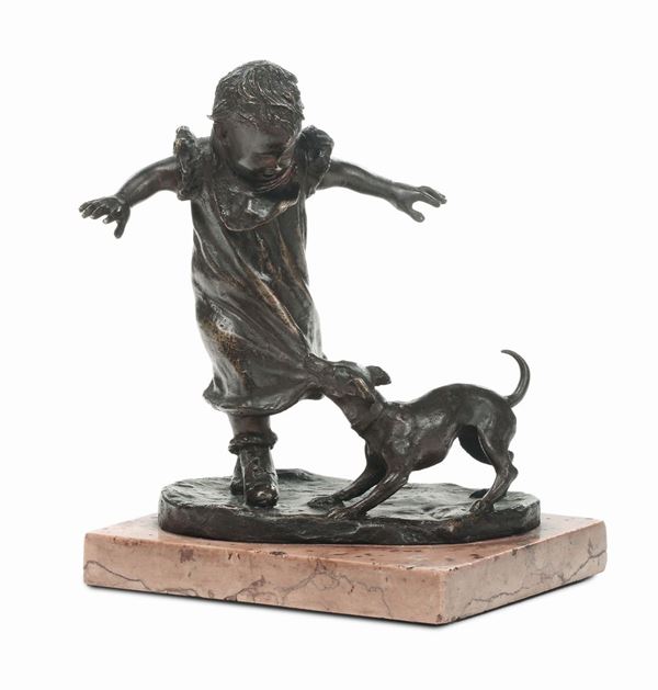 Scultura in bronzo raffigurante bimba con cagnolino, XIX secolo