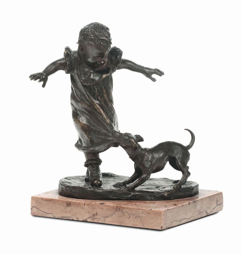 Scultura in bronzo raffigurante bimba con cagnolino, XIX secolo  - Auction Fine Arts from refined private house - Cambi Casa d'Aste