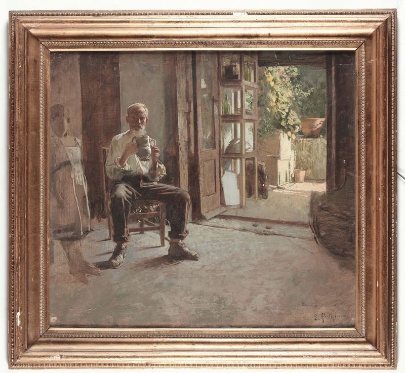 Salvatore Postiglione (1861-1906) Interno con vecchio  - Asta Dipinti del XIX e XX secolo - Cambi Casa d'Aste