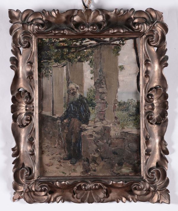 Anonimo del XIX-XX secolo Figura di vecchio sotto un portico