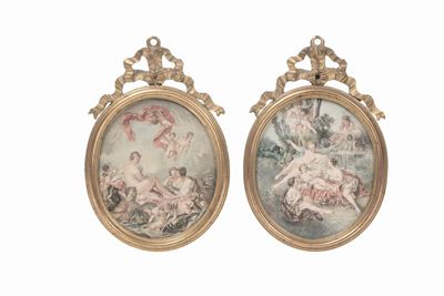 Coppia di Miniature Entro Cornice in Bronzo Dorato, XIX Secolo