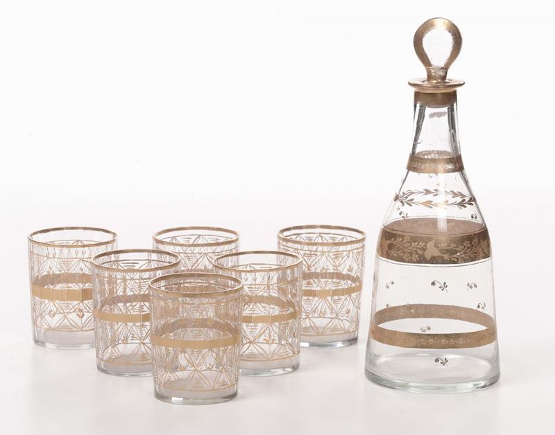 Lotto di sei bicchieri e una bottiglia, XVIII secolo  - Auction Furnishings from the mansions of the Ercole Marelli heirs and other property - Cambi Casa d'Aste