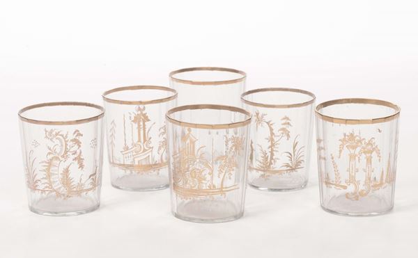 Lotto di sei bicchieri con bordo sfaccettato, XVIII secolo