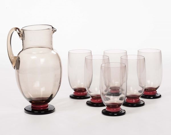 Brocca e sei bicchieri in vetro di Murano