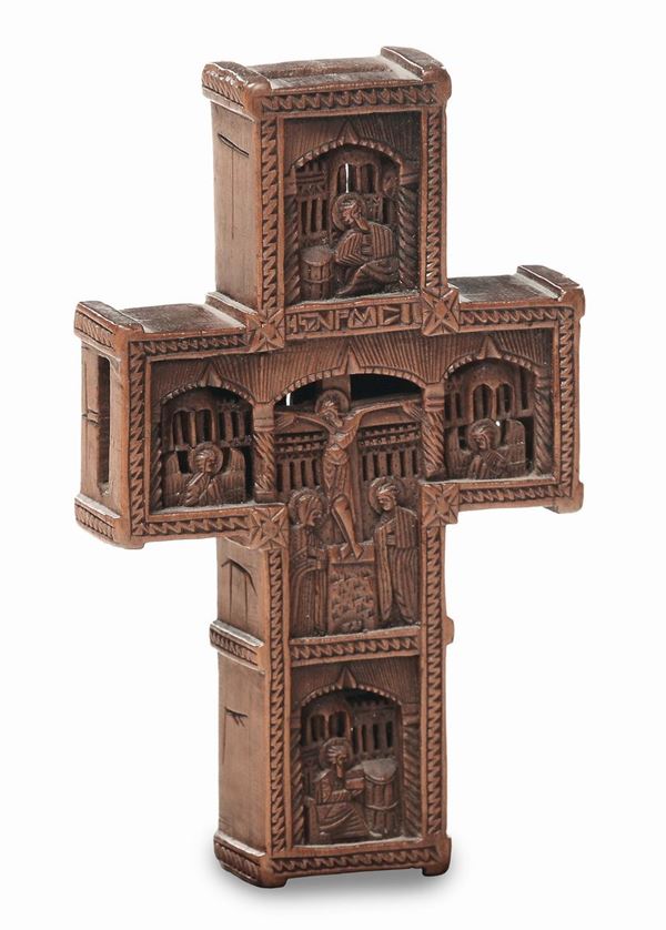 Piccola croce in legno (corniolo o bosso) intagliato ad ambo i lati, Arte veneto-cretese o balcanica del XVII secolo