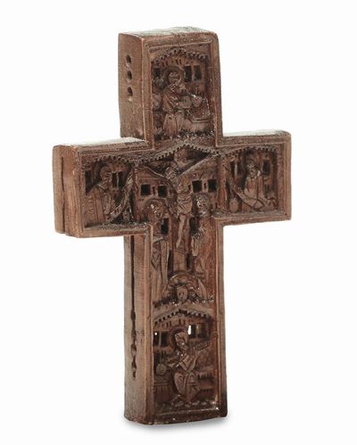 Piccola Croce in Legno (bosso o Corniolo) Intagliato da Ambo i Lati, Arte Veneto-cretese o Balcan...
