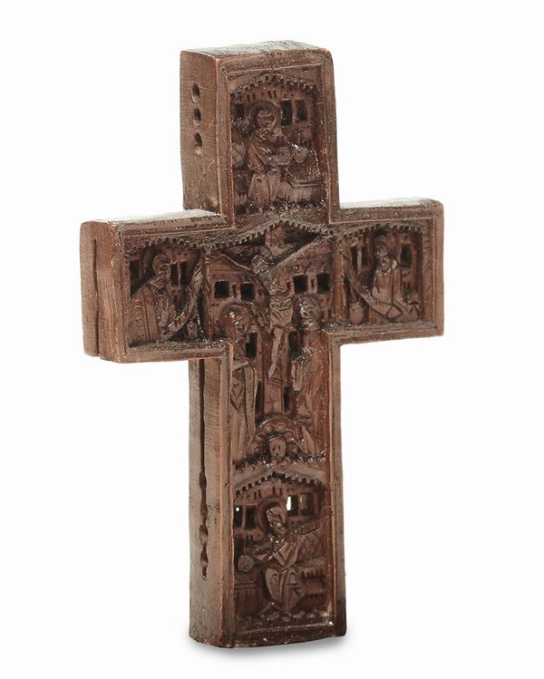 Croce benedizionale in legno intagliato a microscultura con raffigurazioni cristologiche, Arte greco-ortodossa del XVIII secolo
