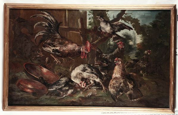 Giovanni Crivelli detto il Crivellino (attivo 1730-1760) Scene di pollaio con galli