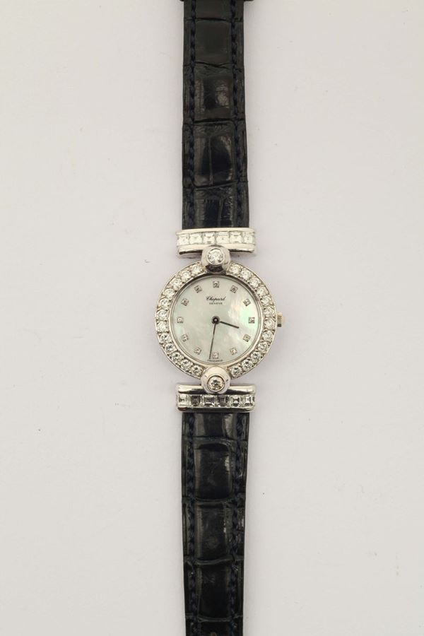 Chopard, orologio da polso per signora con cassa in oro, acciaio e diamanti , quadrante in madreperla e diamanti, movimento al quarzo. Scatola originale