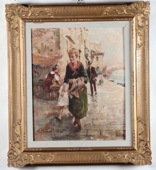 Attilio Bozzato (1886-1954) Paesaggio a Chioggia con figura femminile