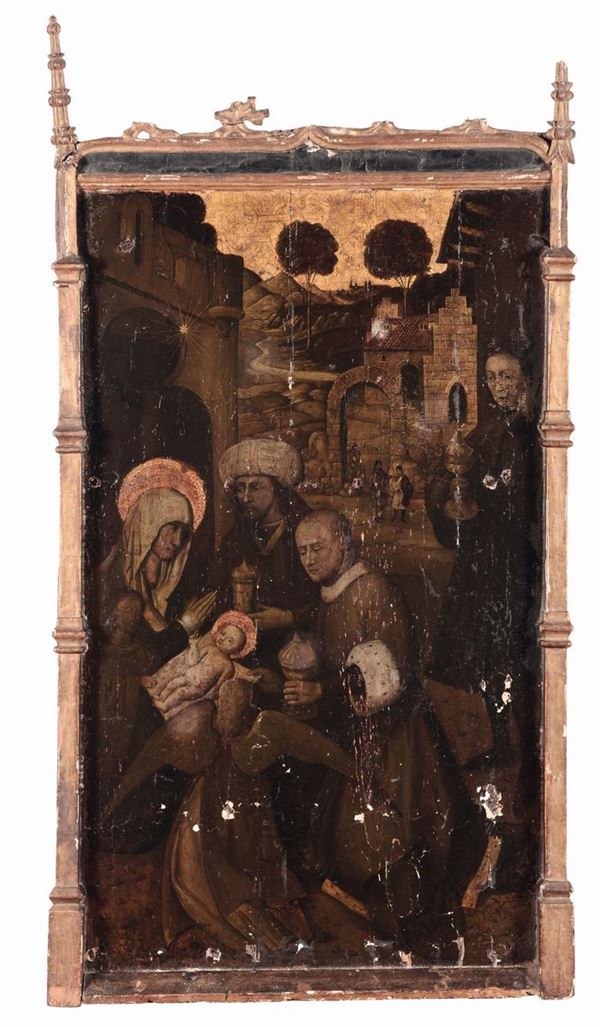 Scuola Spagnola del XVI secolo Madonna col Bambino e i Re Magi