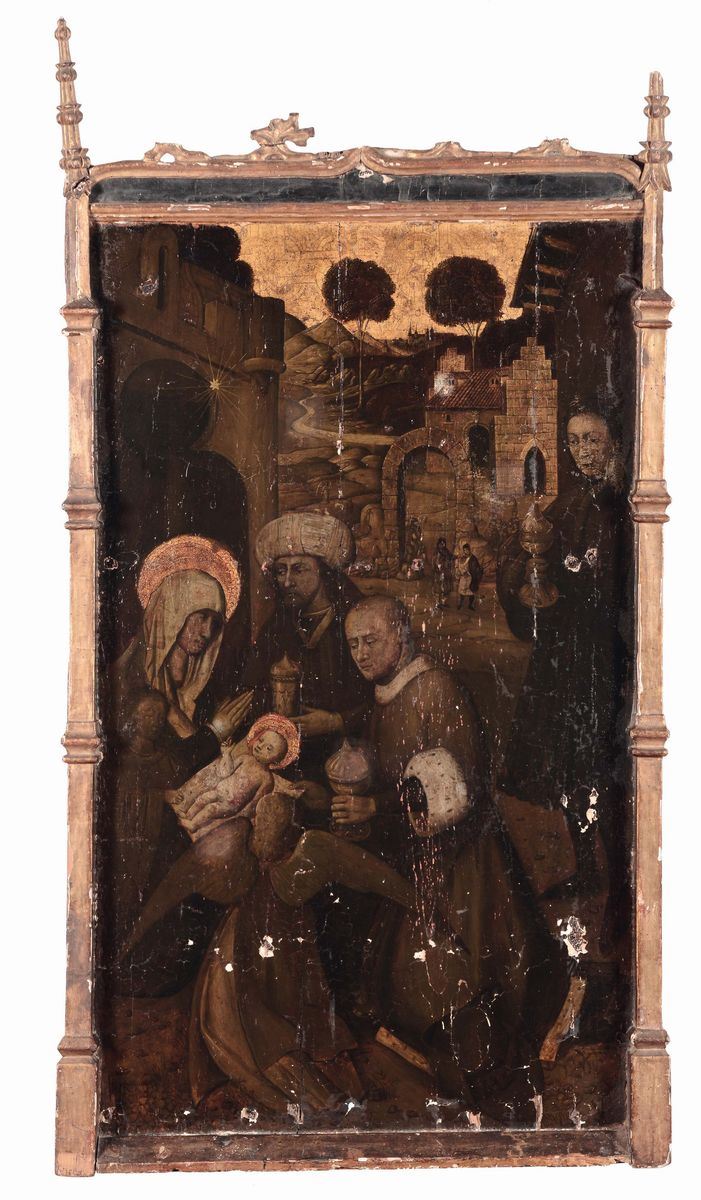 Scuola Spagnola del XVI secolo Madonna col Bambino e i Re Magi  - Asta Dipinti Antichi - Cambi Casa d'Aste