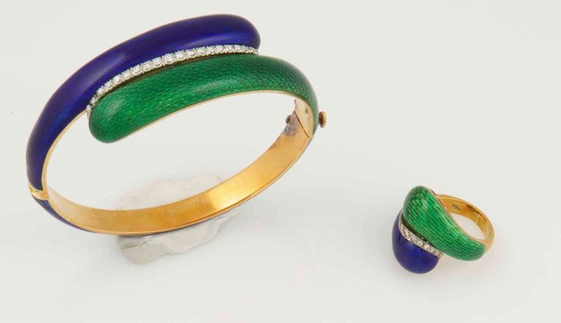An enamel and diamond bracelet and ring. Signed Lunati  - Auction Fine Jewels - I - Cambi Casa d'Aste