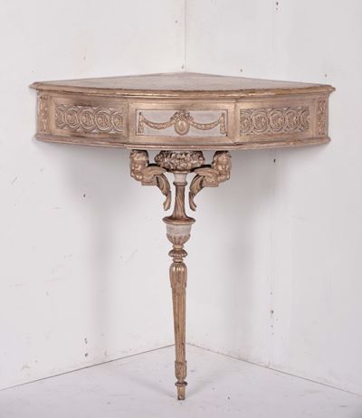 Console Ad Angolo in Legno Intagliato, Laccato e Dorato, Fine XIX Secolo