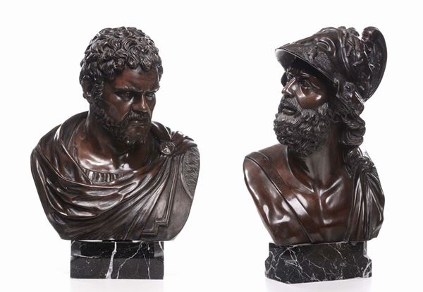 Coppia di busti in bronzo patinato raffiguranti Ulisse e Nerone, XIX secolo