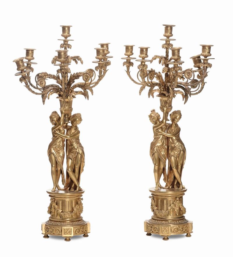 Coppia di grandi candelabri a sei luci in bronzo dorato, prima metà XIX secolo  - Asta Fine Art Selection - II - Cambi Casa d'Aste