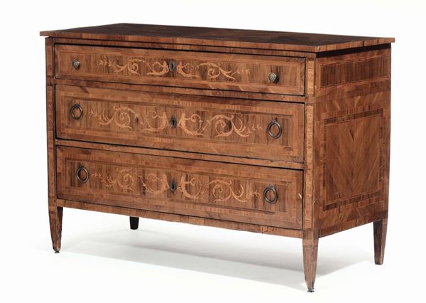 Cassettone in stile Luigi XVI a tre cassetti lastronato ed intarsiato, XIX secolo