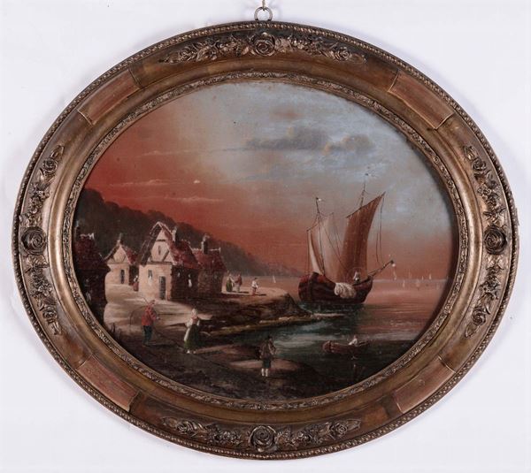 Anonimo del XIX secolo Marina con veliero Scena lacustre