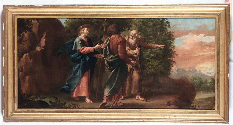 Scuola Emiliana del XVIII secolo Gesù in cammino con i discepoli di Emmaus  - Asta Dipinti Antichi - Cambi Casa d'Aste