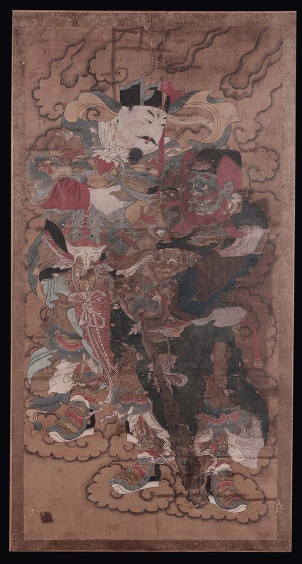 Dipinto su carta raffigurante coppia di guerrieri, Cina, Dinastia Qing, XVIII secolo