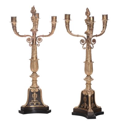 Coppia di Candelabri a Tre Bracciiin Bronzo Dorato e Brunito, Inizio XIX Secolo