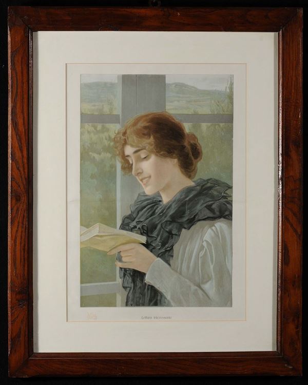 Stampa litografica a colori raffigurante donna che legge