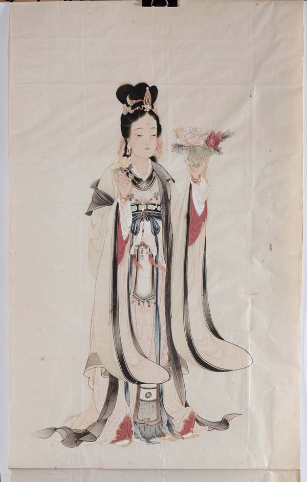 A pair of watercolors depicting two Guanyin, one with fruit and one with a basket of flowers, Japan, 20th century