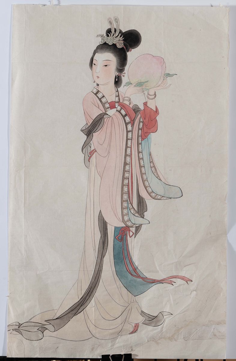 Coppia di Acquarelli Raffiguranti Due Guanyin, una con Frutto e una con Cestino di Fiori, Giappon...