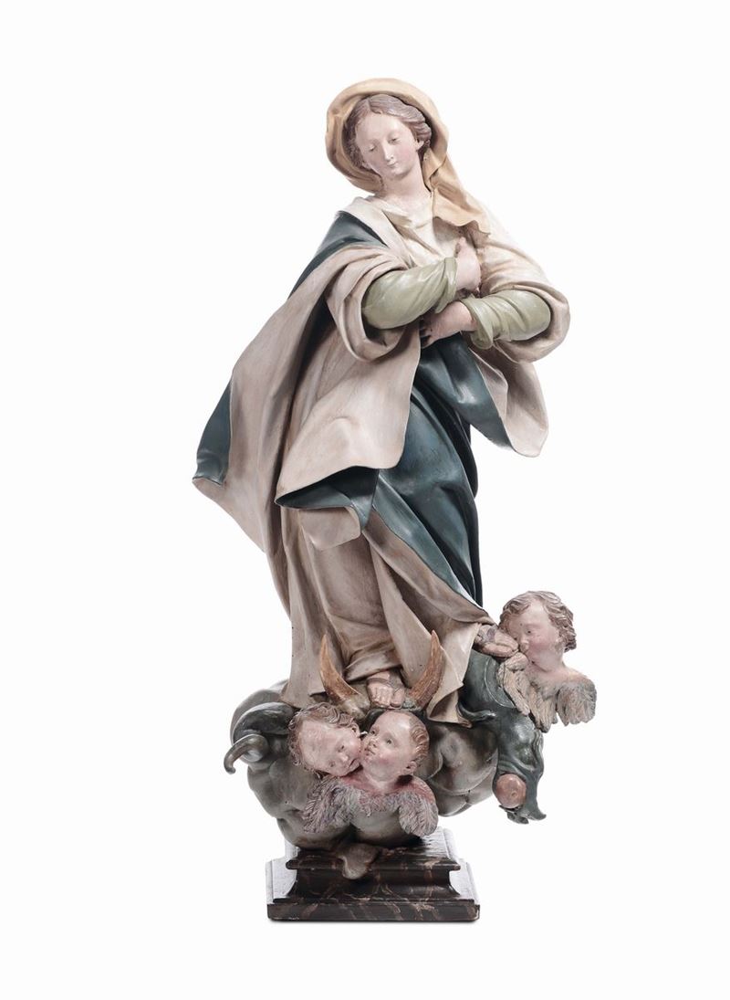 Scultore prossimo ad Anton Giulio Maragliano (1664-1739), Genova prima metà del XVIII secolo Madonna su nuvola con putti  - Asta Fine Art Selection - II - Cambi Casa d'Aste