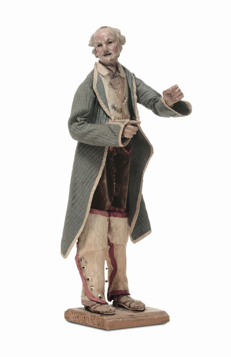 Figura di vecchio con marsina azzurra, manifattura genovese, XVIII secolo  - Asta Sculture del Presepe Napoletano e Genovese - I - Cambi Casa d'Aste