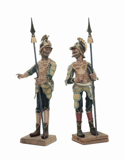 Rara Coppia di Armigeri con Bella Vestitura e Lance Originali, Manifattura Genovese, XVIII Secolo...