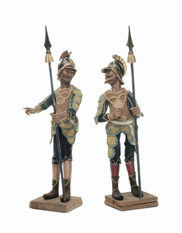 Rara coppia di armigeri con bella vestitura e lance originali, manifattura genovese, XVIII secolo, di  [..]