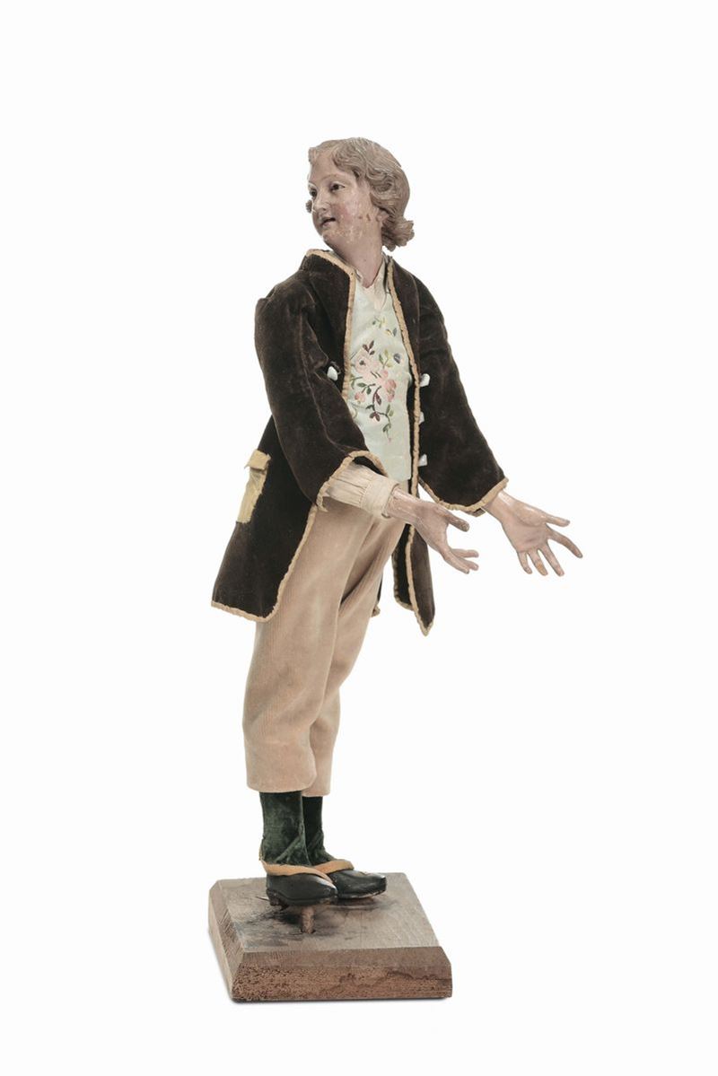 Figura di ragazzo con marsina nera e panciotti celeste con decoro floreale, manifattura genovese, XVIII secolo  - Auction Sculptures of the Genoese and Neapolitan Crib - I - Cambi Casa d'Aste