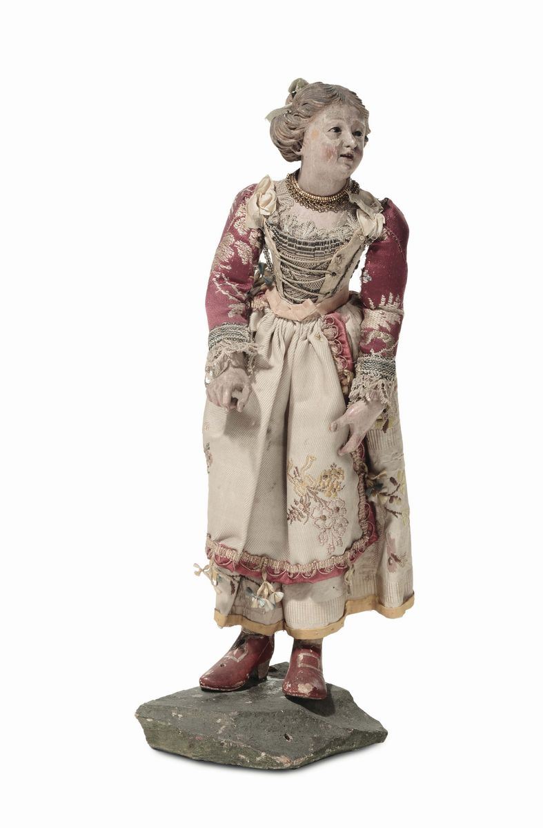 Giovinetta con abito in seta a ricamo floreale, bottega di Pasquale Navone (1746-1791), manifattura genovese  - Asta Sculture del Presepe Napoletano e Genovese - I - Cambi Casa d'Aste