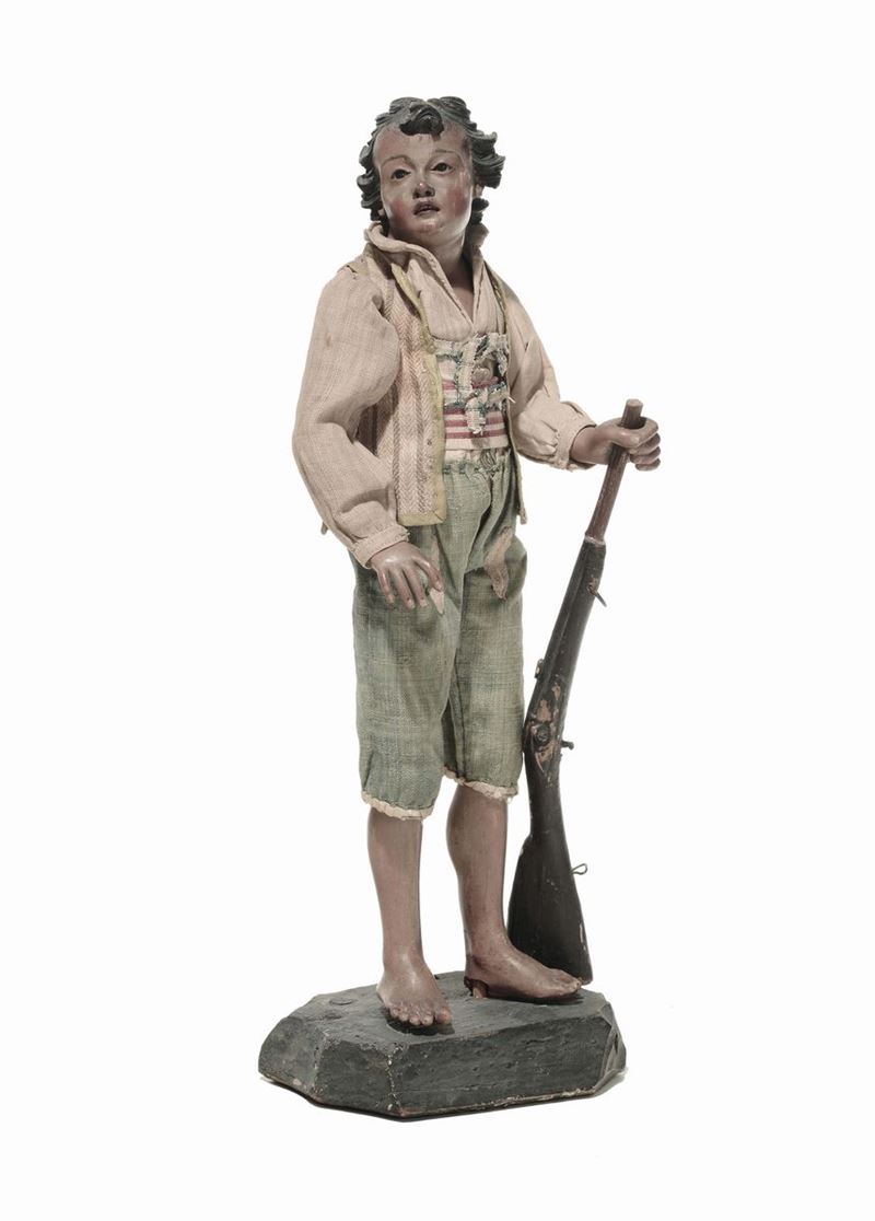 Figura di giovinetto con fucile, bottega di Pasquale Navone (1746-1791), manifattura genovese  - Auction Sculptures of the Genoese and Neapolitan Crib - I - Cambi Casa d'Aste