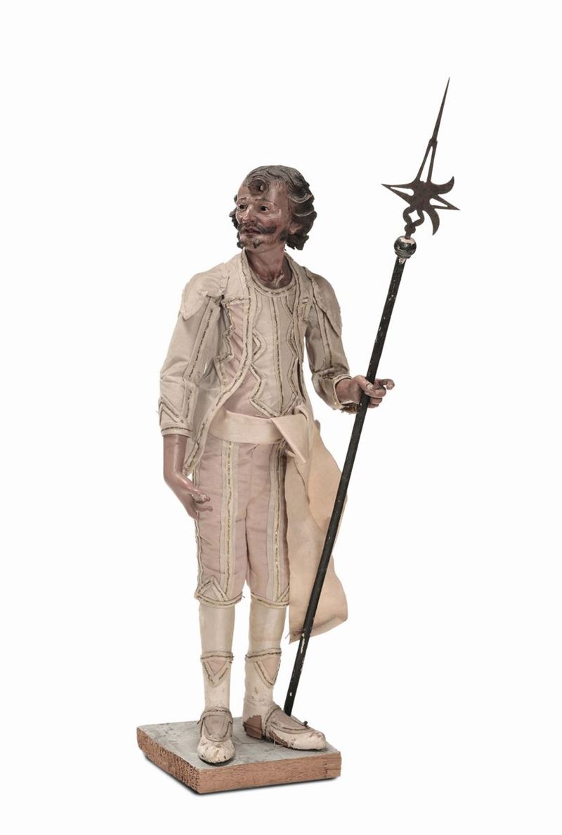 Armigero con baffi e alabarda coeva, bottega di Pasquale Navone (1746-1791), manifattura genovese  - Asta Sculture del Presepe Napoletano e Genovese - I - Cambi Casa d'Aste