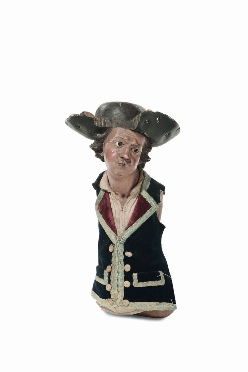 Busto di suonatore con cappello in legno policromo, manifattura genovese, XVIII secolo  - Auction Sculptures of the Genoese and Neapolitan Crib - I - Cambi Casa d'Aste