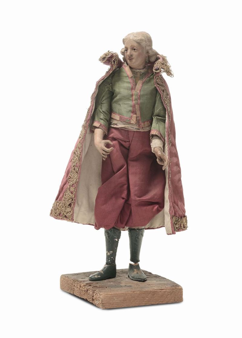 Paggio con abito in seta e mantella rossa, manifattura genovese, XVIII secolo  - Auction Sculptures of the Genoese and Neapolitan Crib - I - Cambi Casa d'Aste