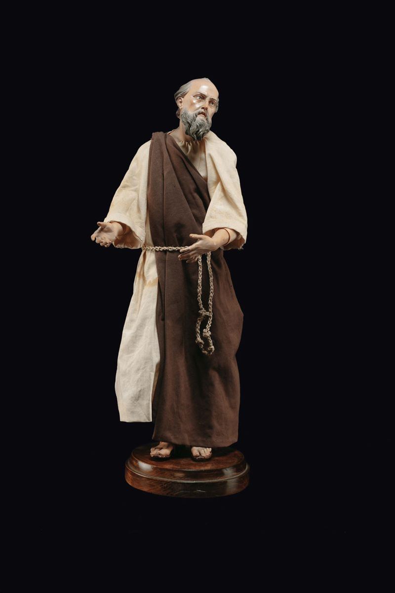 Figura di San Francesco da Paola, manifattura napoletana, XIX secolo  - Asta Sculture del Presepe Napoletano e Genovese - I - Cambi Casa d'Aste